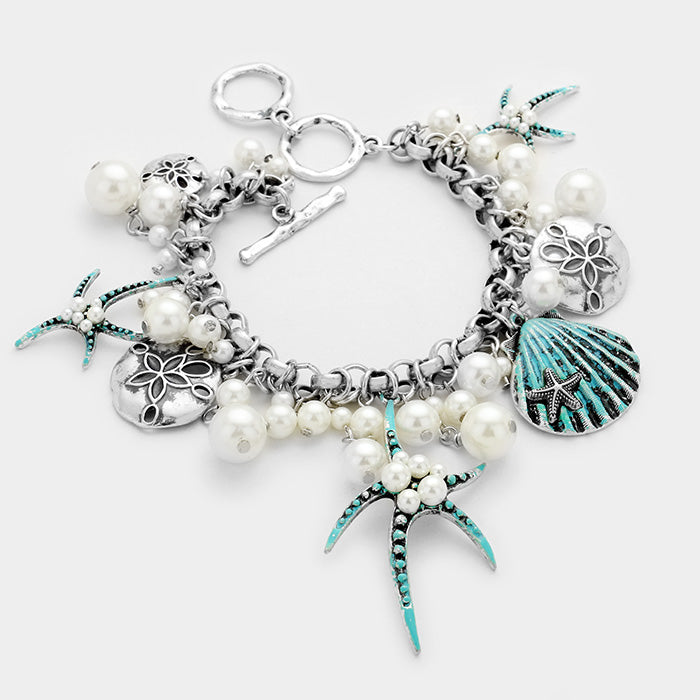 Pearl Embellished Starfish Shell Multi Charm Toggle Bracelet