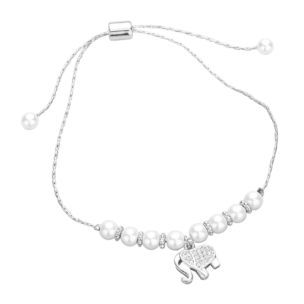 CZ Stone Paved Elephant Charm Pearl Beaded Cinch Pull Tie Adjustable Bracelet