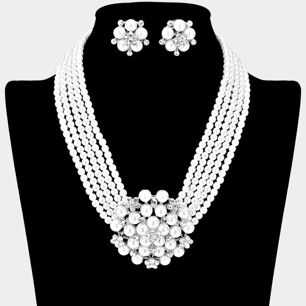 Pearl Cluster Flower Necklace Clip on Earring set