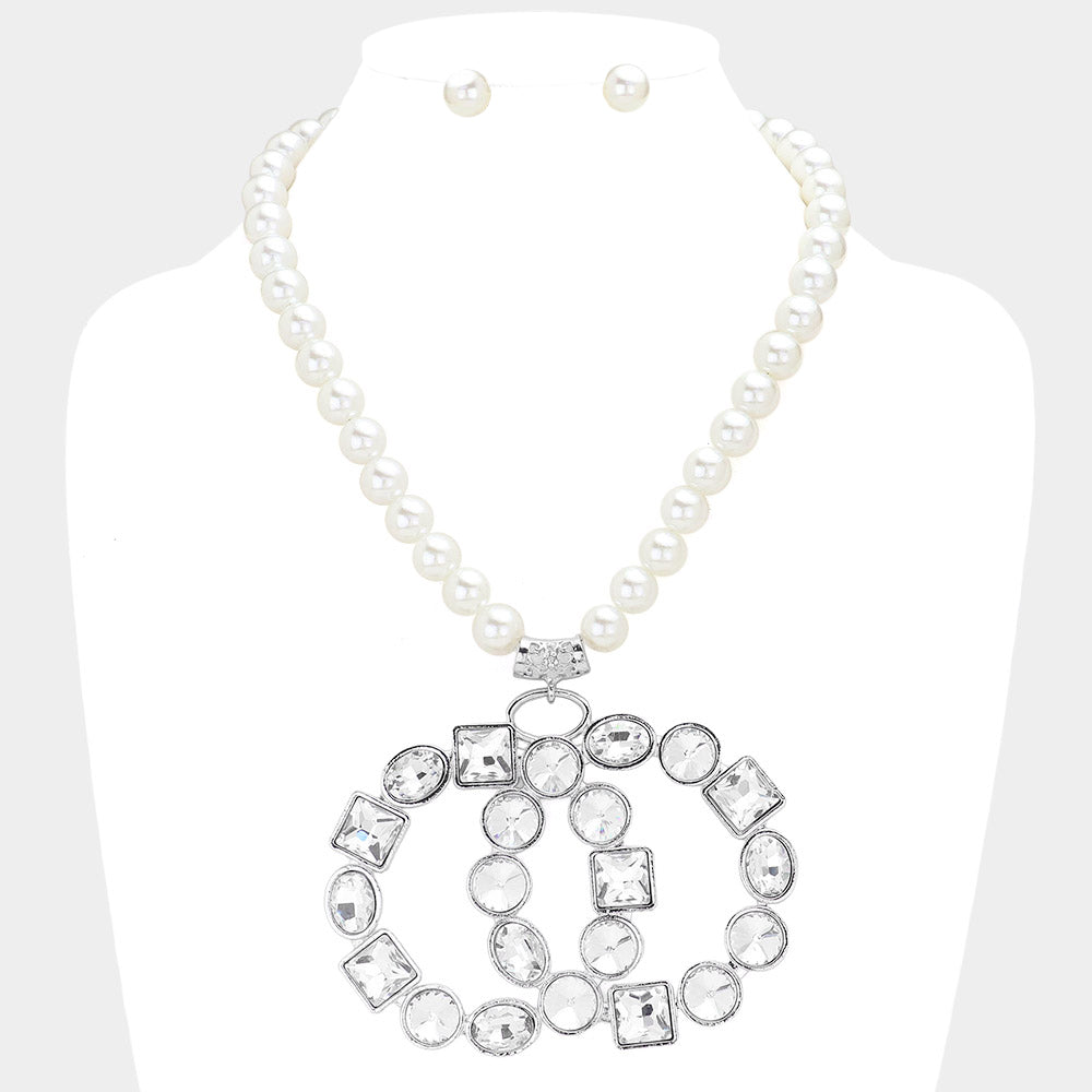 Multi Stone Embellished Double Open Circle Link Pendant Pearl Necklace