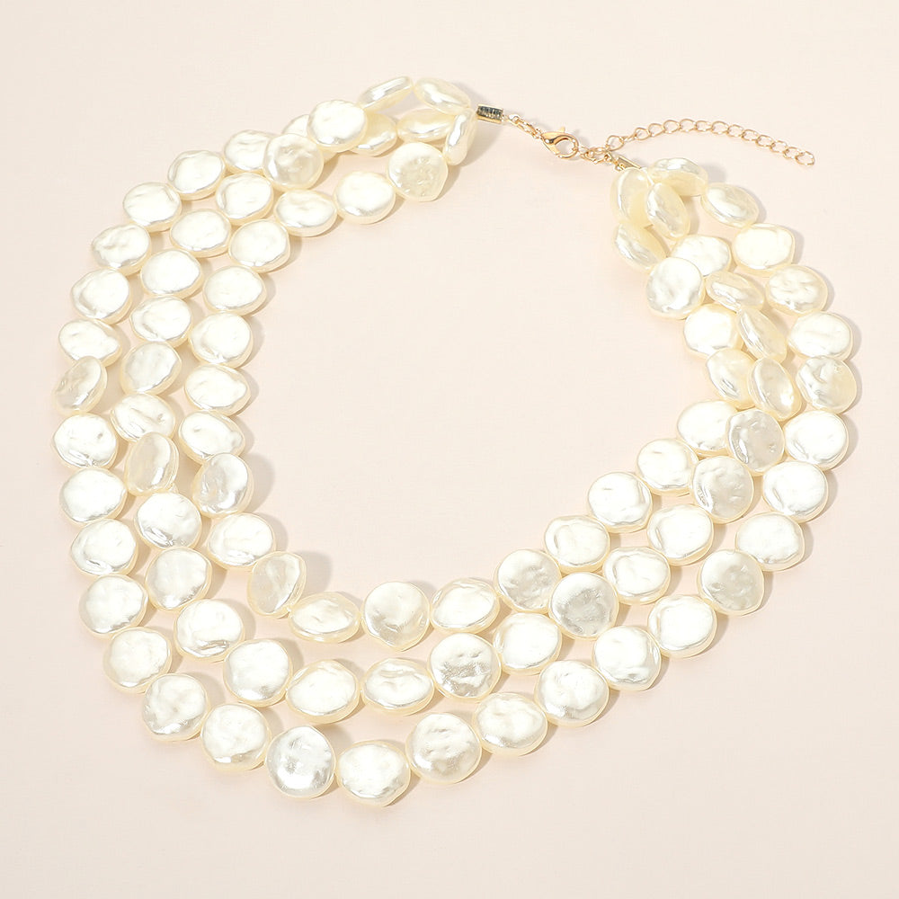 Triple Layered Disc Pearl Beaded Statement Necklace