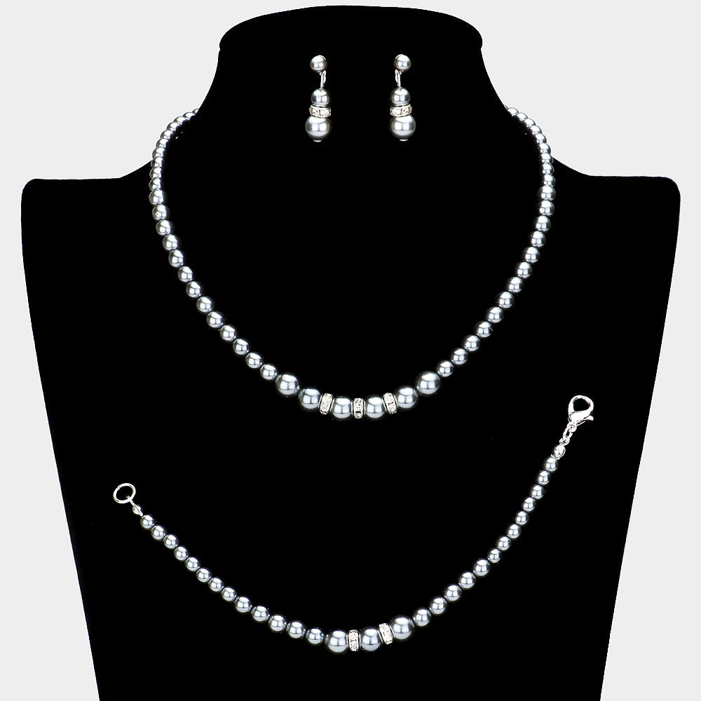 3PCS Crystal Detail Pearl Necklace Jewelry Set