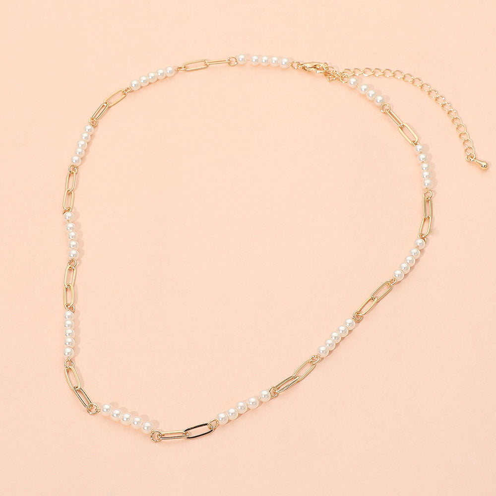 Pearl Beaded Station Paperclip Chain Necklace