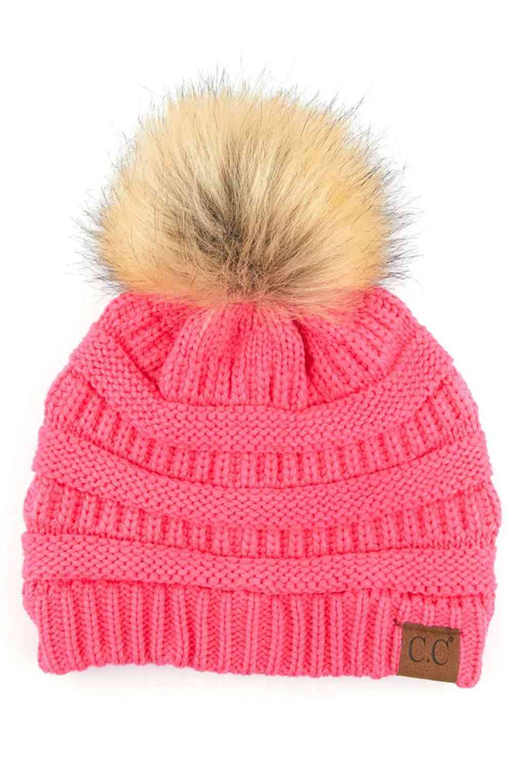 C.C Solid Ribbed Knit Beanie with Pom