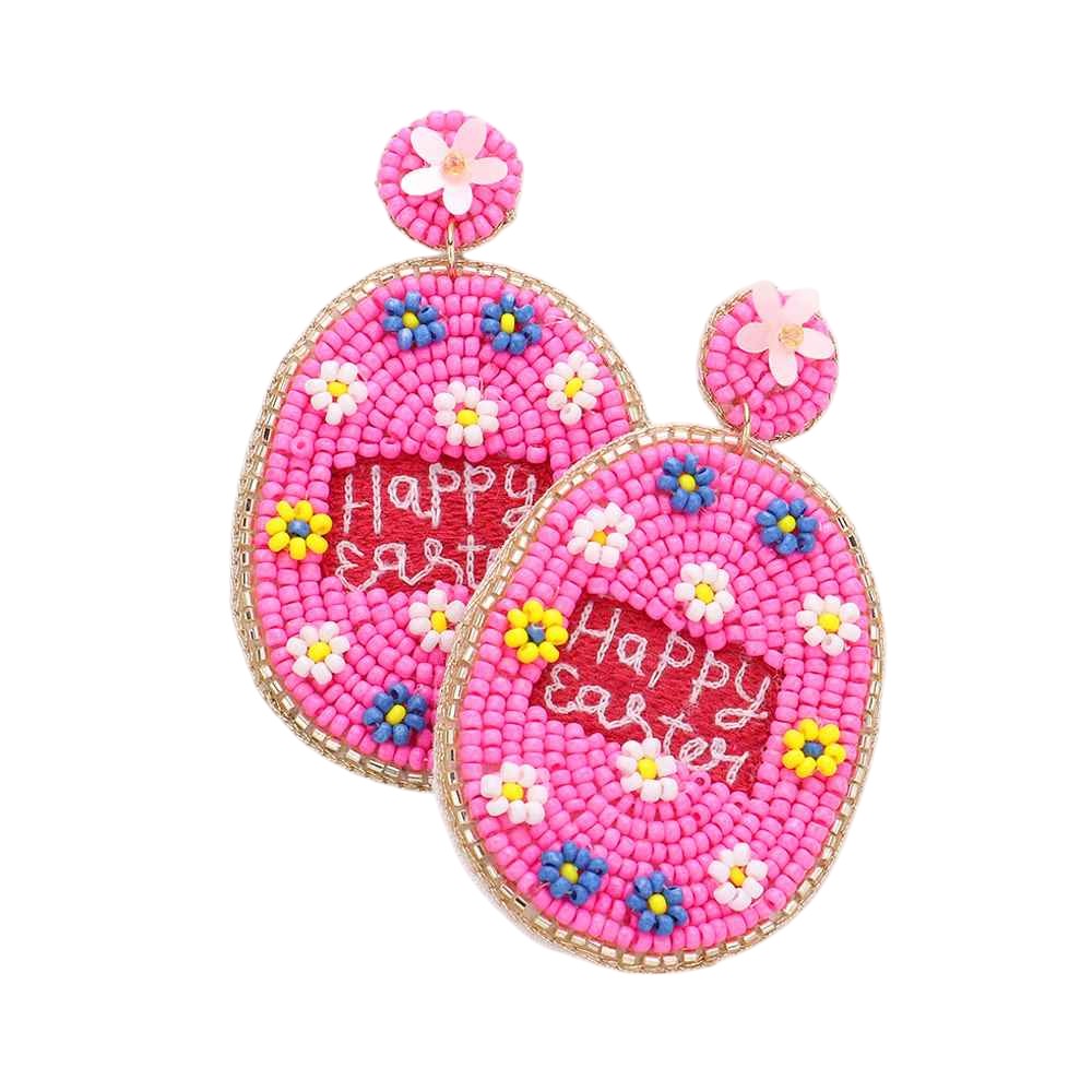 Happy Easter Message Felt Back Seed Beaded Egg Dangle Earrings