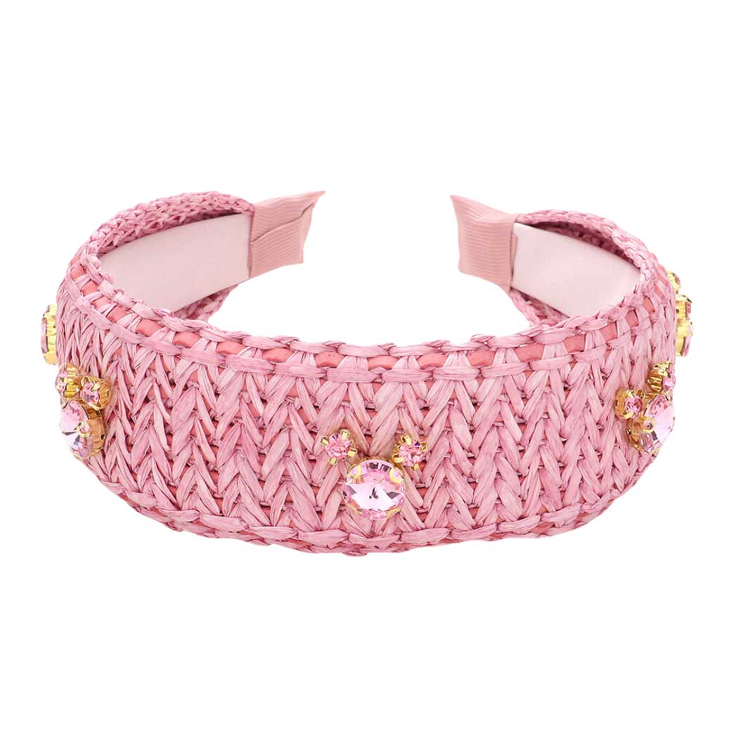 Stone Embellished Woven Straw Headband
