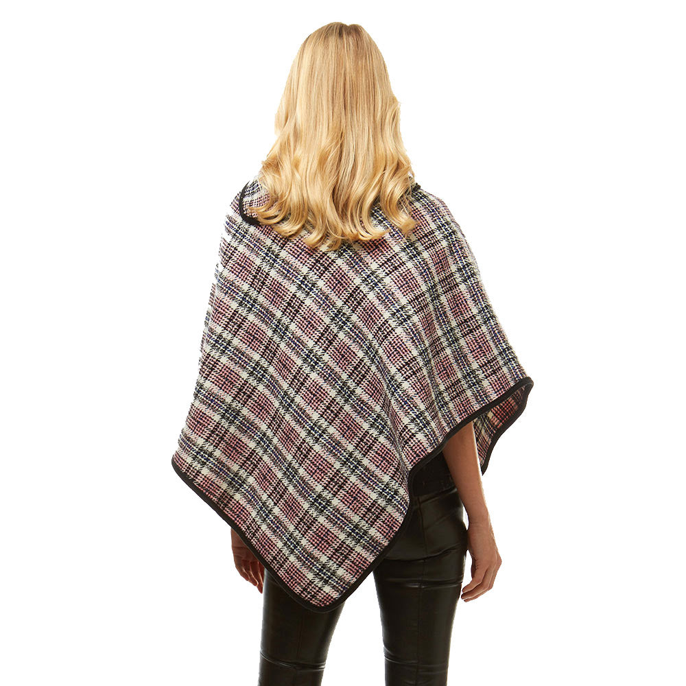 Cozy Plaid High Neck Buttons Collar Poncho Ruana