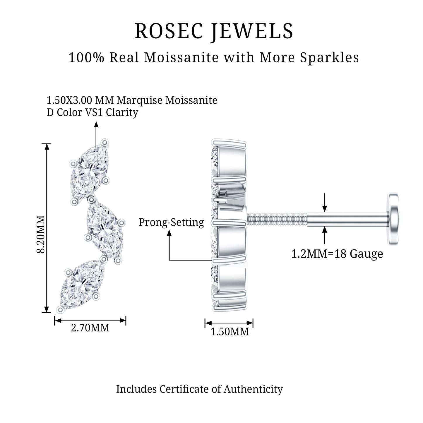 Pendiente de tragus de moissanita con corte marquesa de 3 piedras