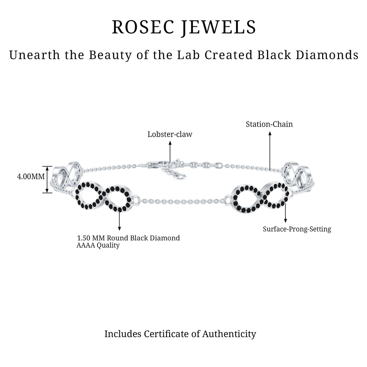 Pulsera de cadena de infinito con diamantes negros cultivados en laboratorio certificados
