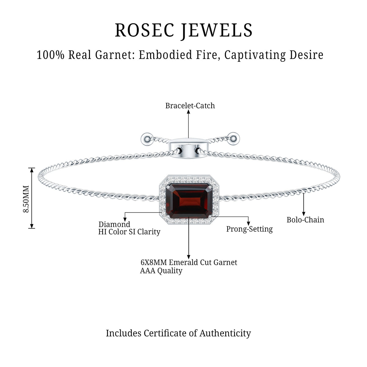Real 2 Carat Emerald Cut Garnet Bolo Bracelet with Diamond Halo