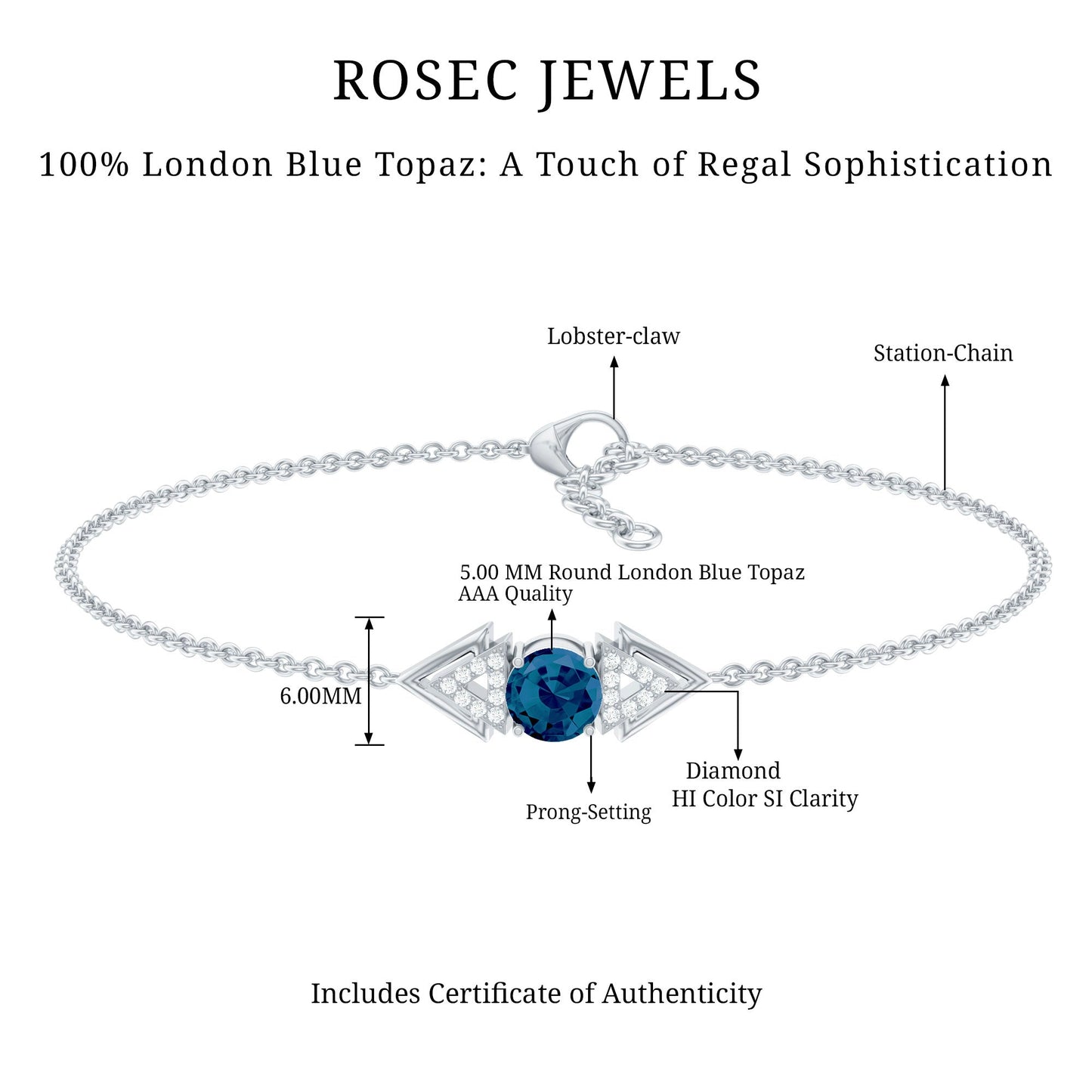 Pulsera de cadena de topacio azul de Londres auténtico y diamantes