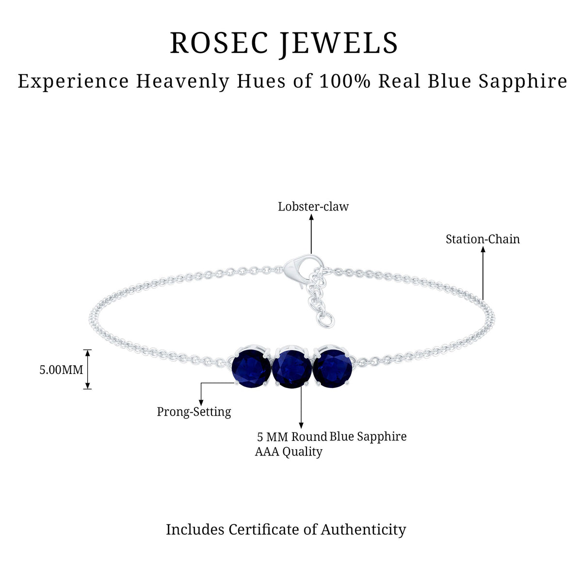 Natural Blue Sapphire Three Stone Chain Bracelet