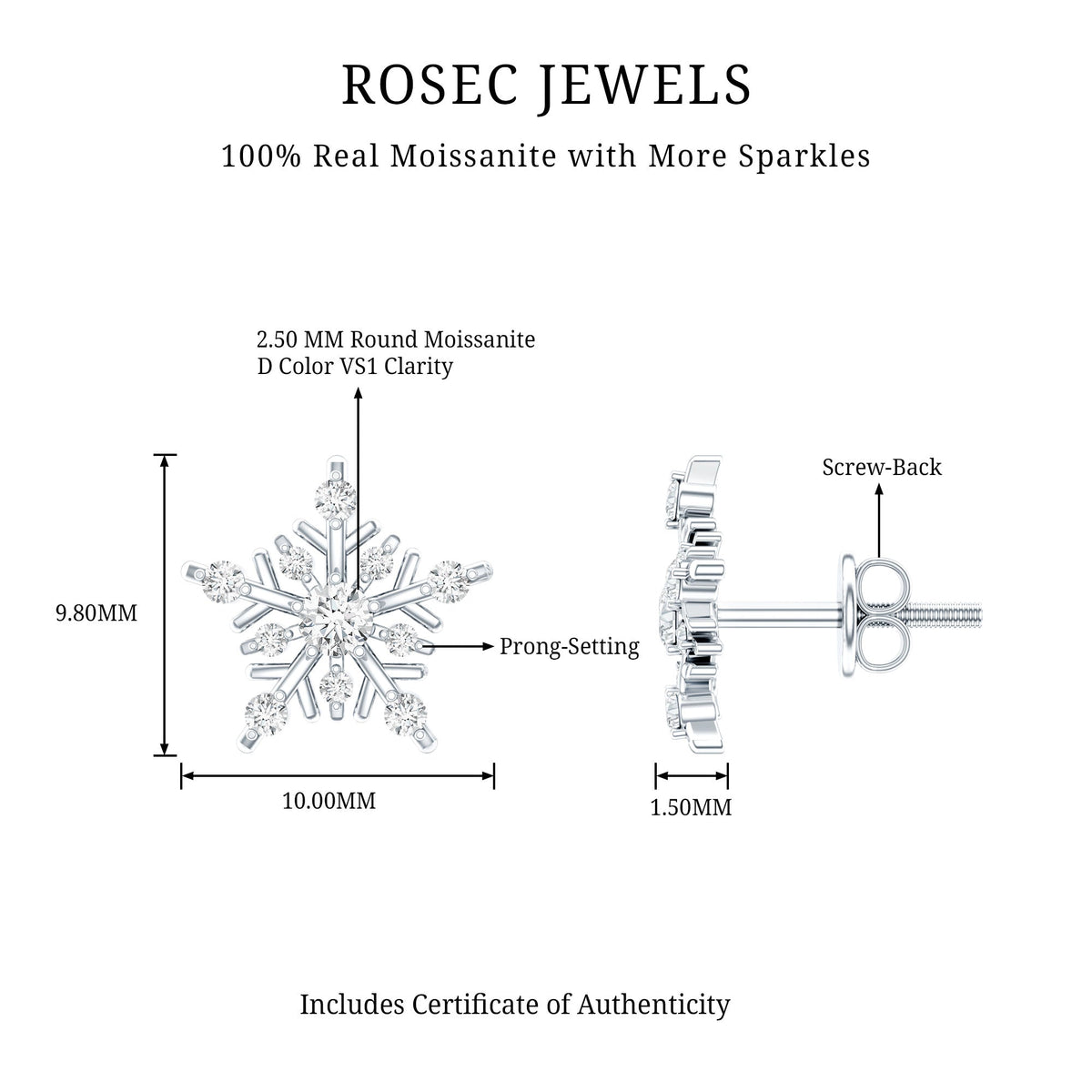 Certified Moissanite Snowflake Stud Earrings for Women