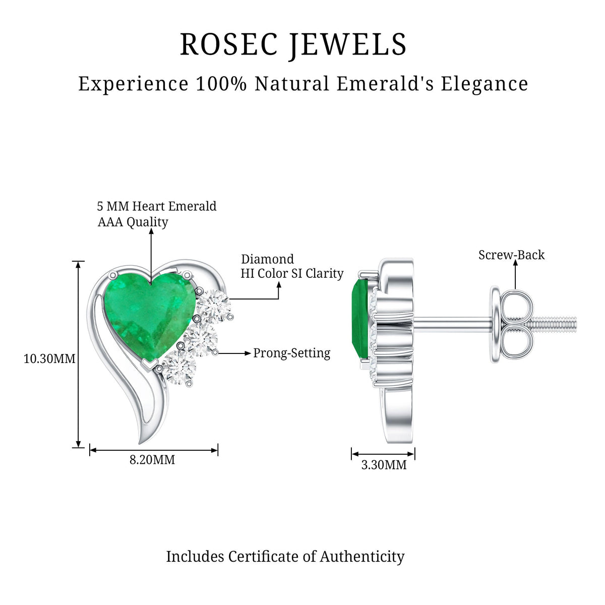 Real Emerald and Diamond Heart Stud Earrings
