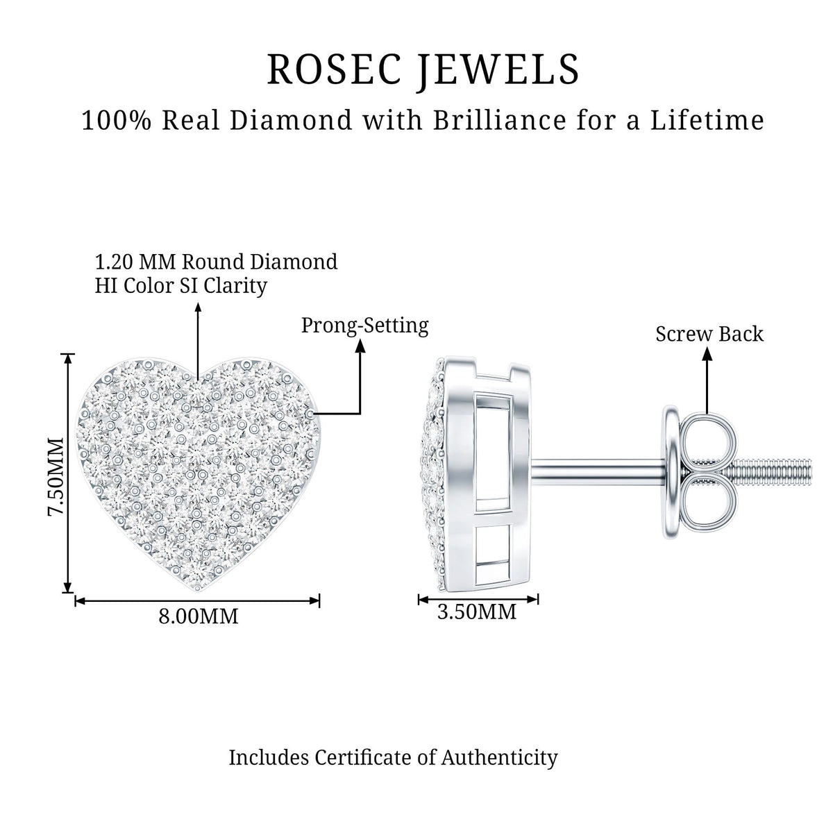 Natural Diamond Heart Earrings with Screw Back