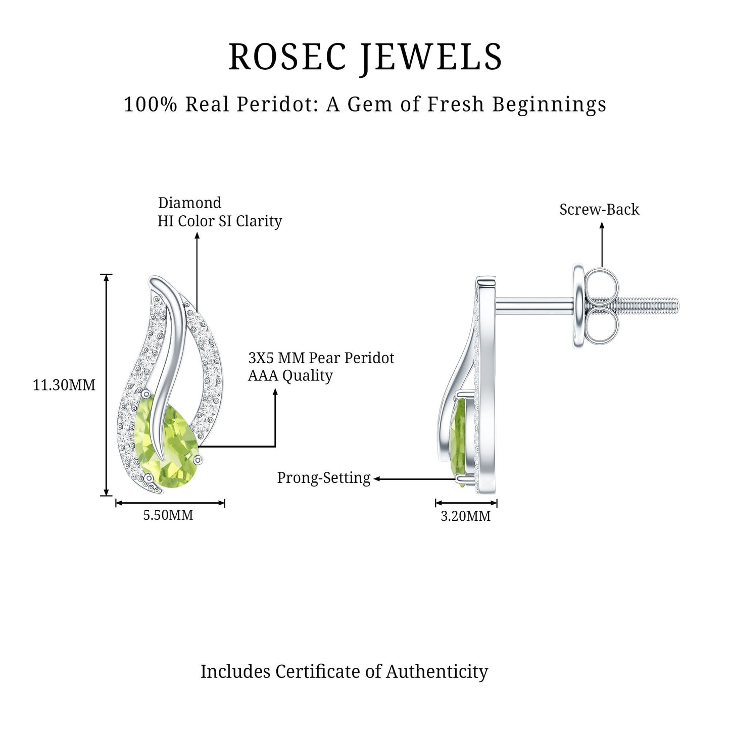 Pendientes de hoja de peridoto natural con diamante para mujer