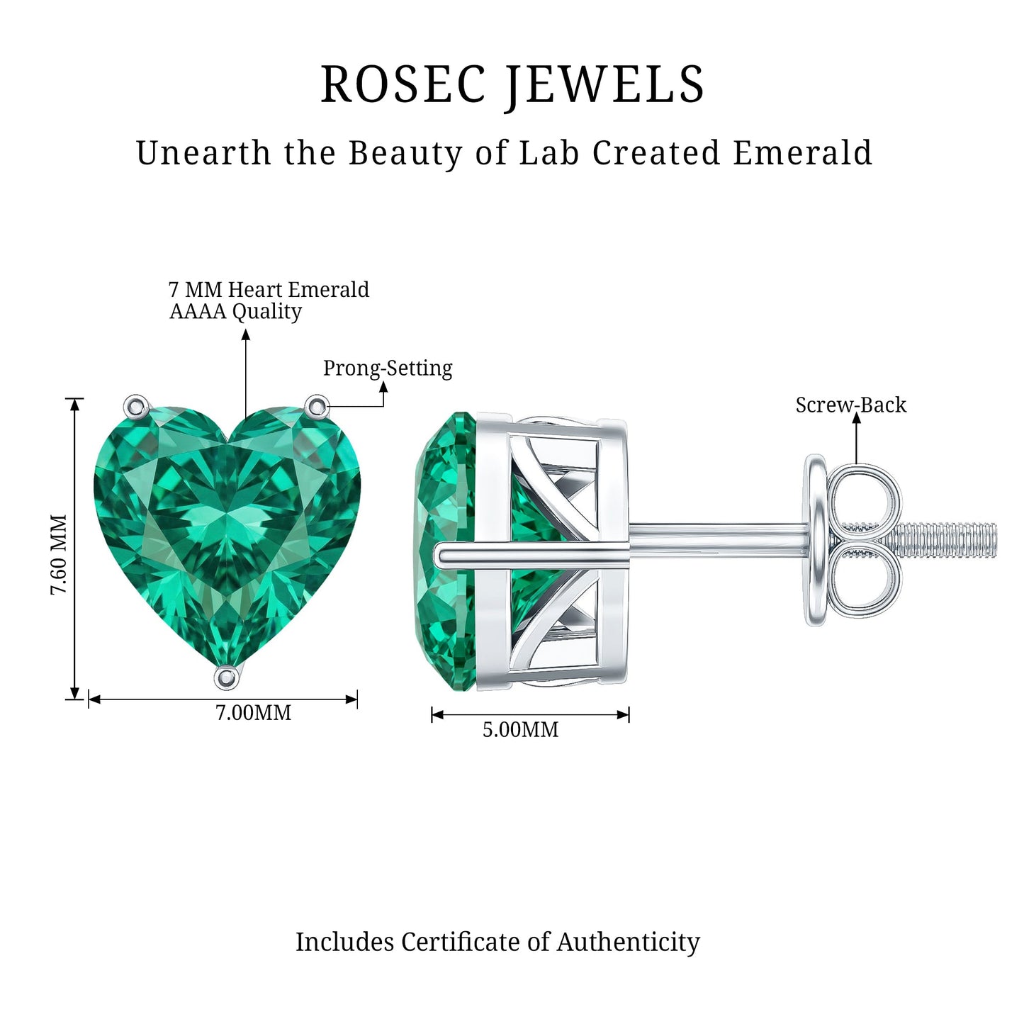Aretes de esmeralda solitario de laboratorio con forma de corazón de 7 mm