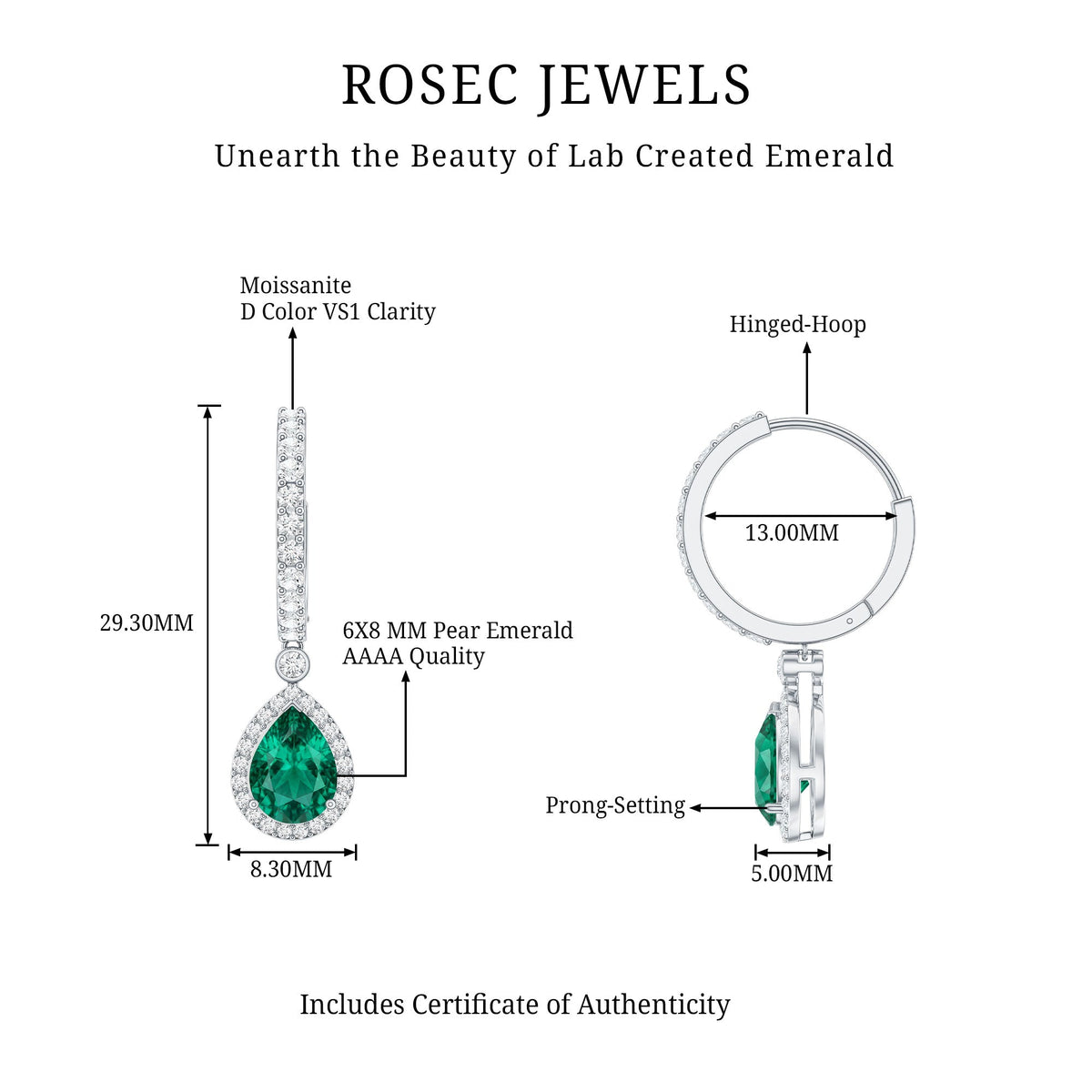2 Carat Lab Created Emerald Teardrop Hoop Earrings with Moissanite