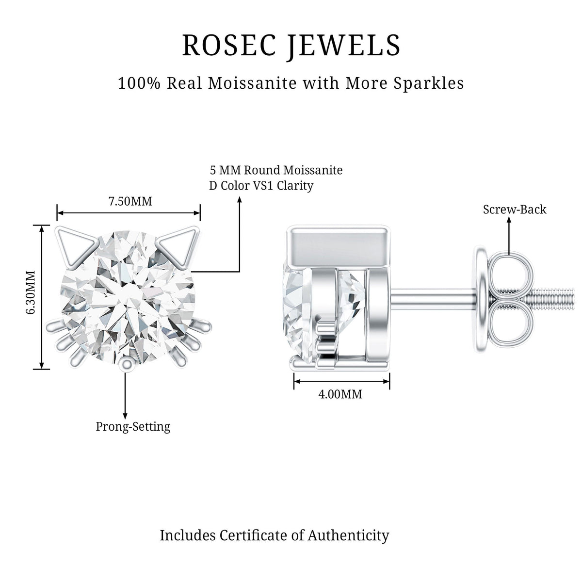 1 CT Solitaire Moissanite Cat Stud Earrings with Screw Back