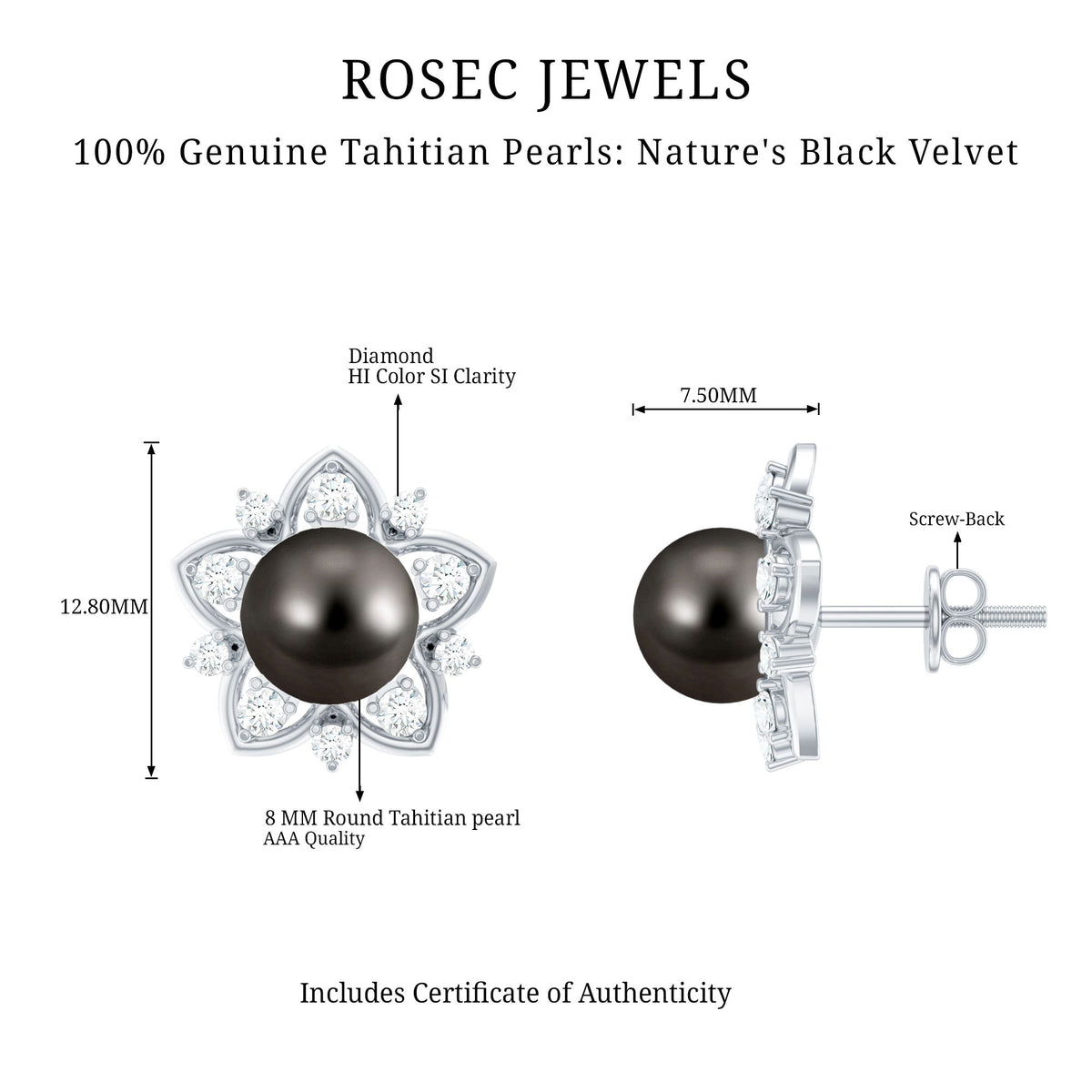 Aretes de botón de flor con perlas negras de Tahití y diamantes auténticos