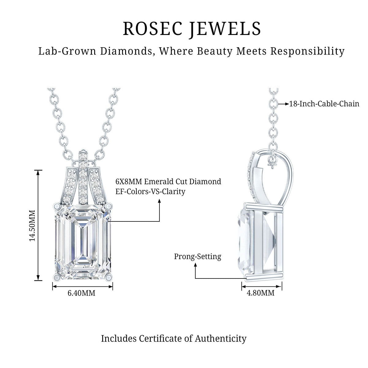 1.8 Carat Solitaire Lab Grown Diamond Emerald Cut Necklace
