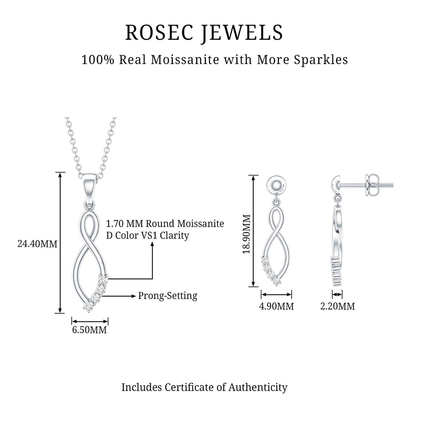 Certified Moissanite Infinity Necklace and Earrings Set
