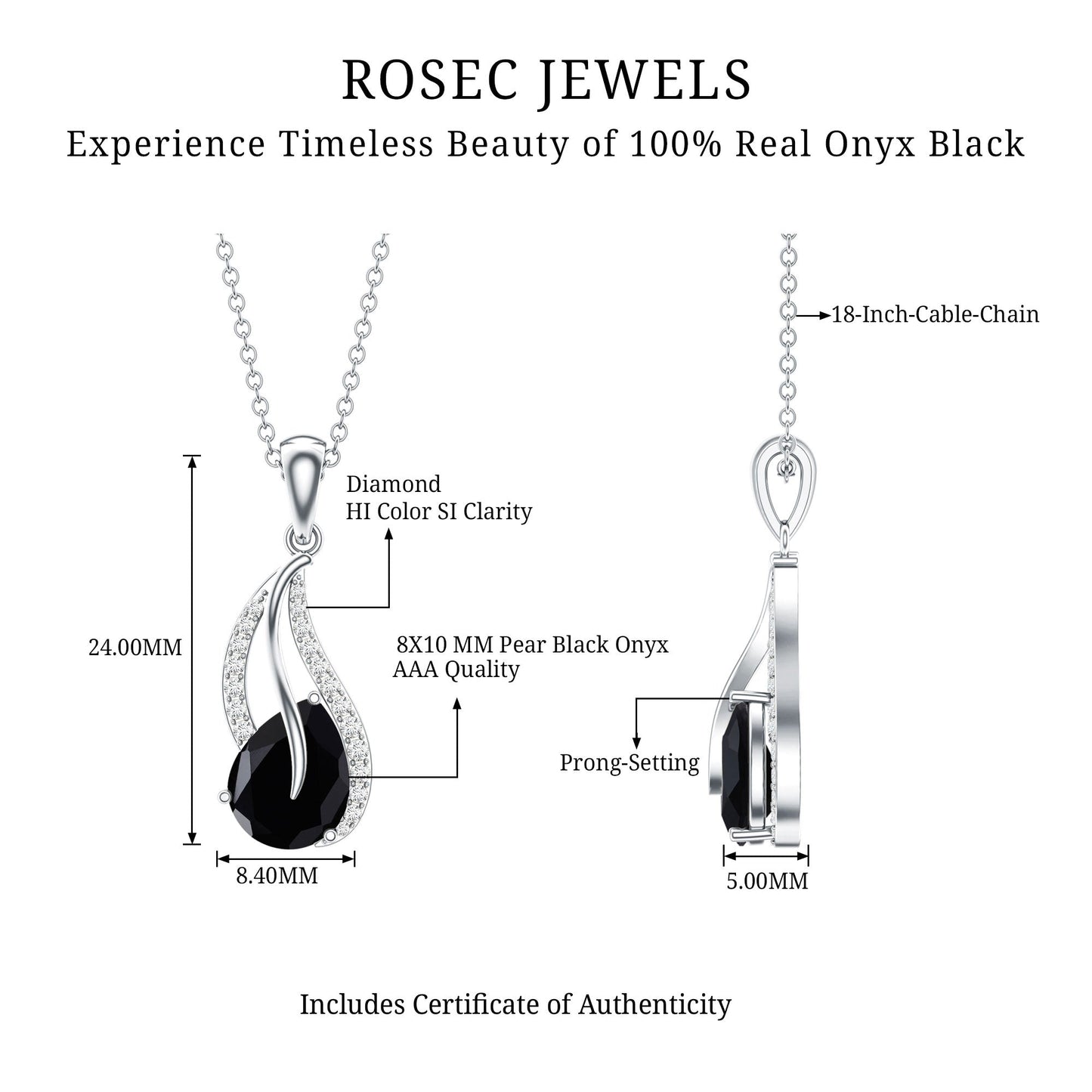 Collar con colgante de hoja de ónix negro y diamante, con ónix en forma de pera