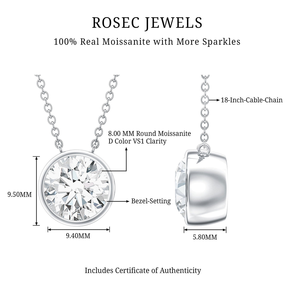 2 Carat Certified Moissanite Solitaire Necklace in Bezel Setting