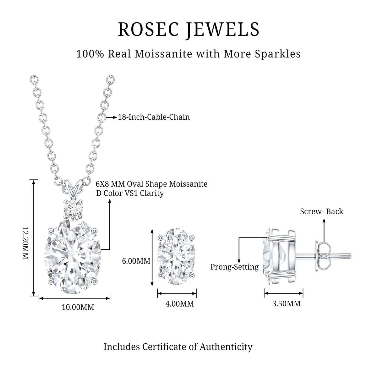 Certified Moissanite Oval Necklace and Earrings Set
