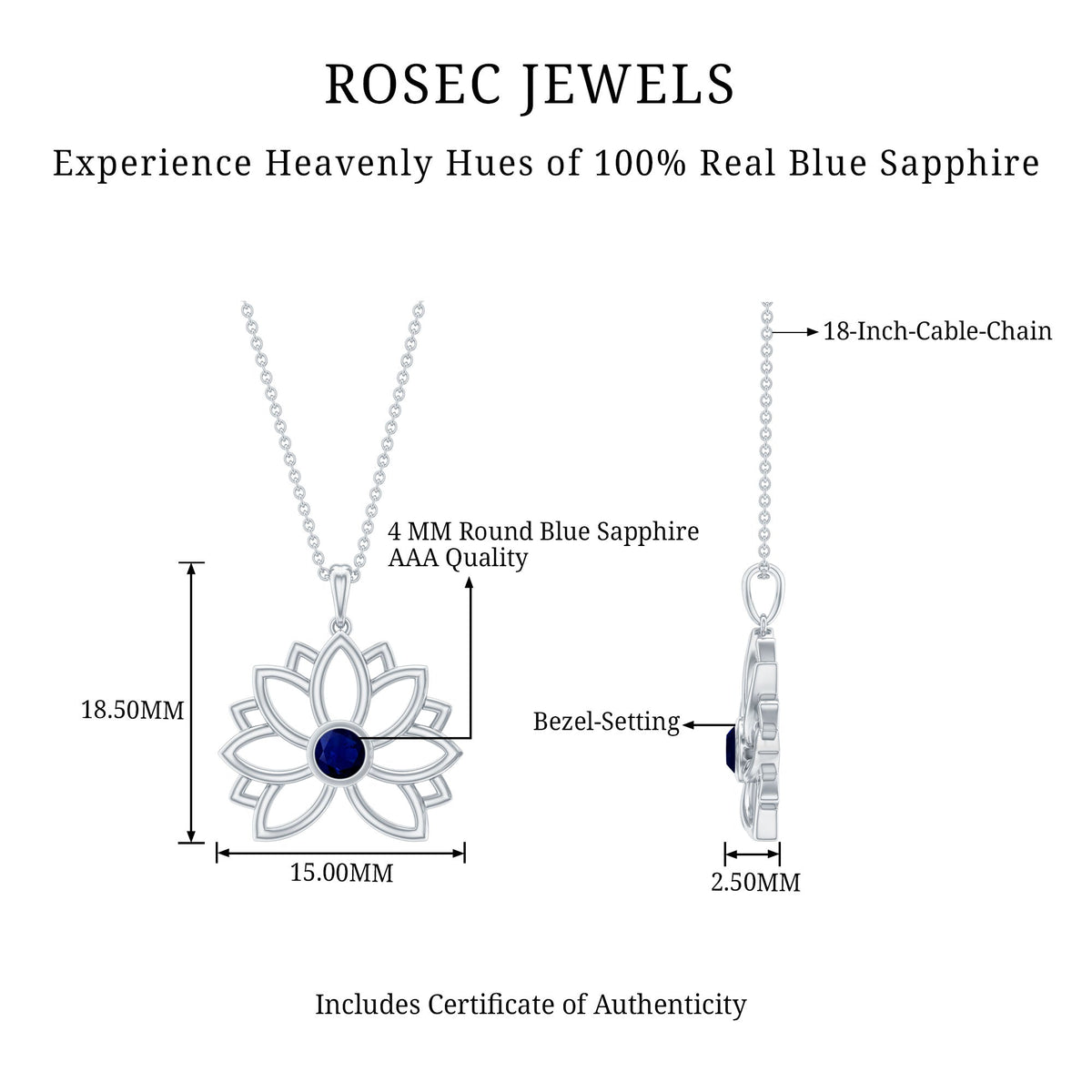 Real Blue Sapphire Lotus Flower Necklace with Chain