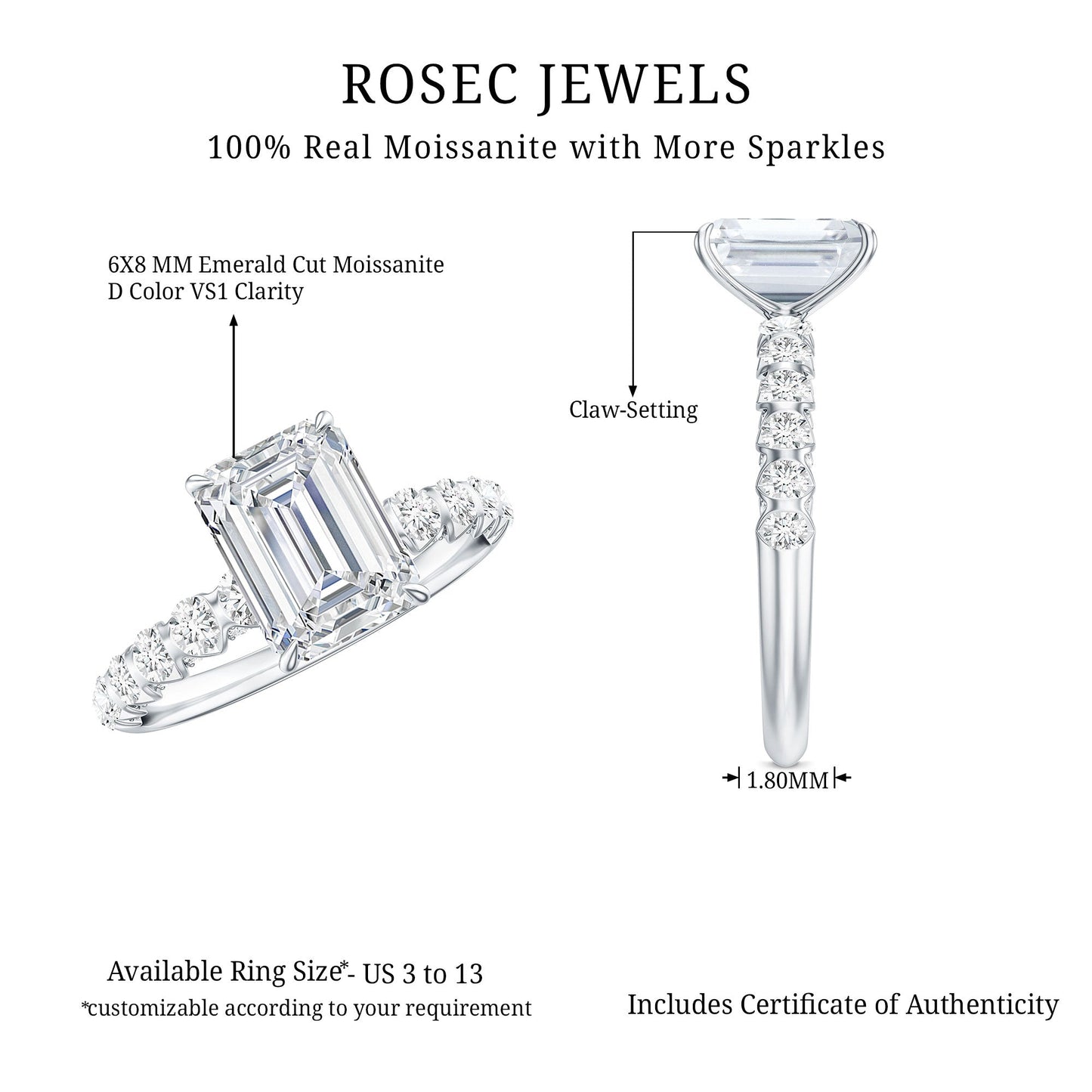 Anillo de compromiso solitario de moissanita octagonal con piedras laterales