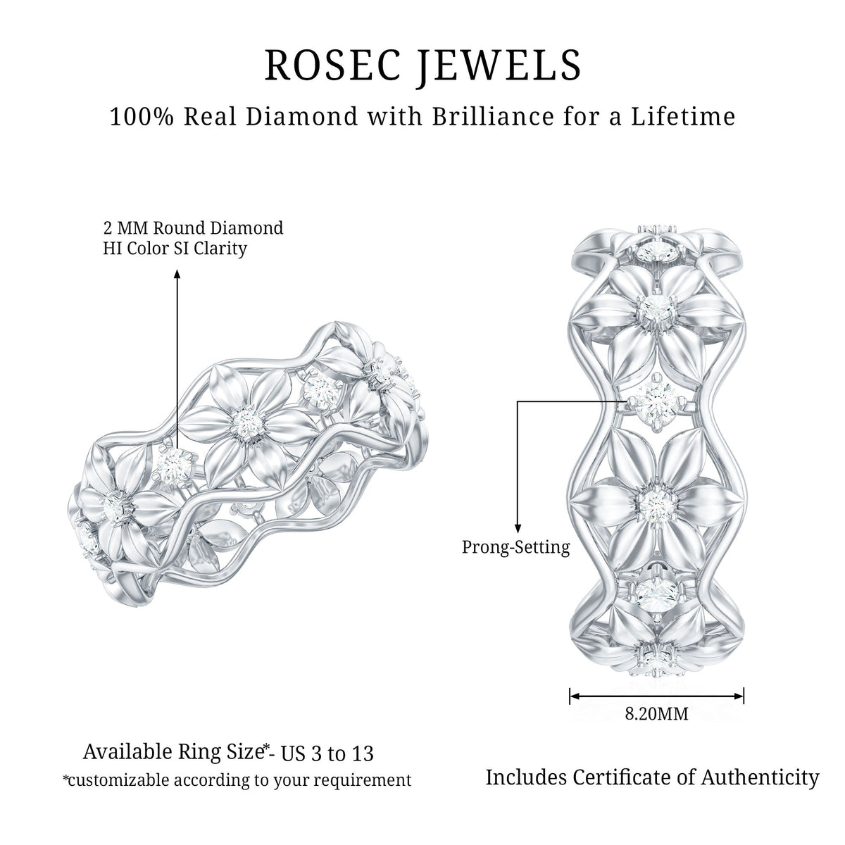 Anillo de boda con diseño floral de diamantes naturales con certificado