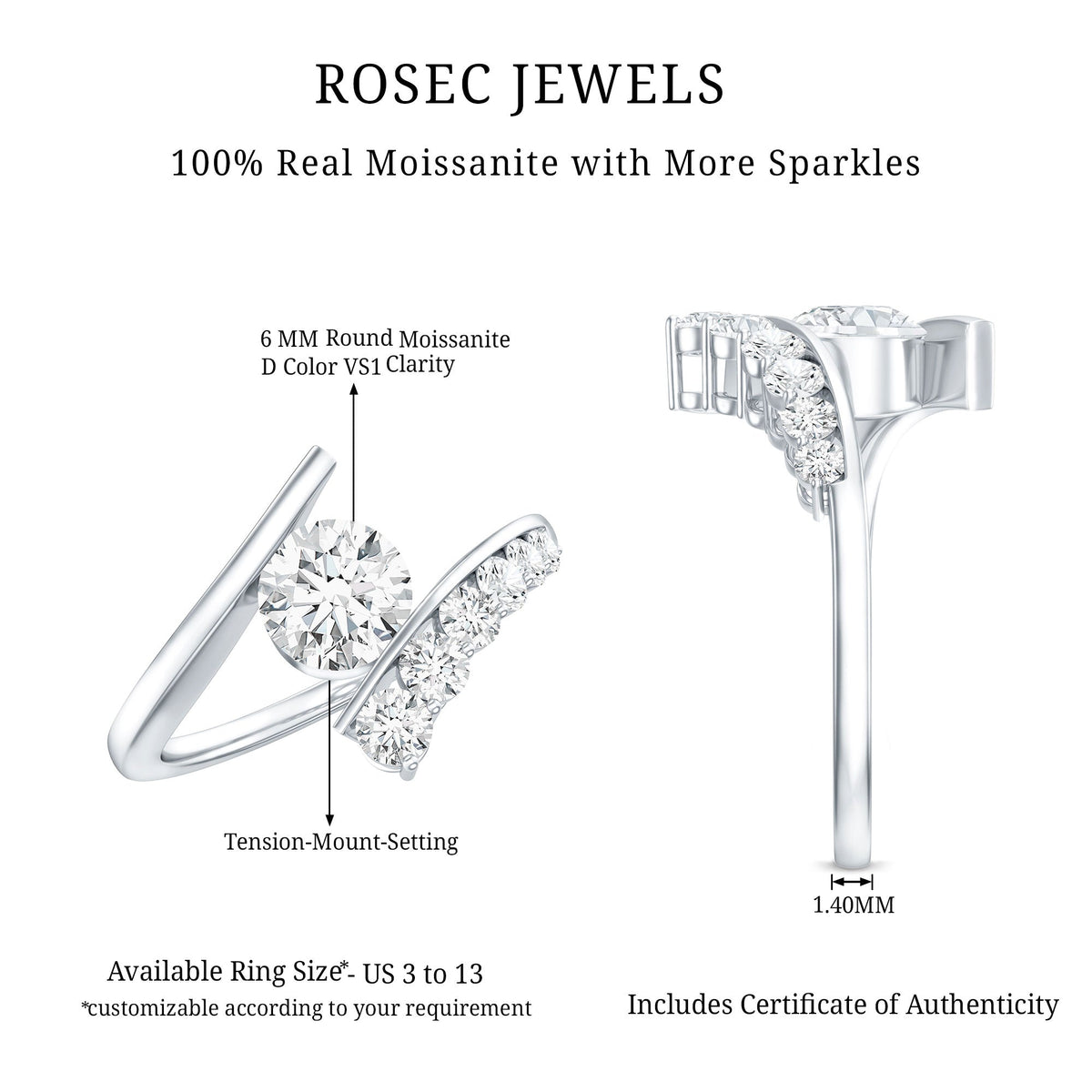0.9 Carat Certified Round Moissanite Bypass Engagement Ring