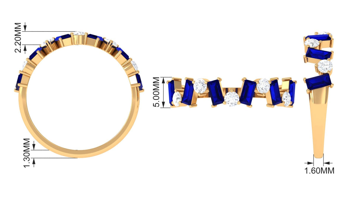 Anillo de Media Alianza con Zafiro Azul Baguette y Diamantes Genuinos