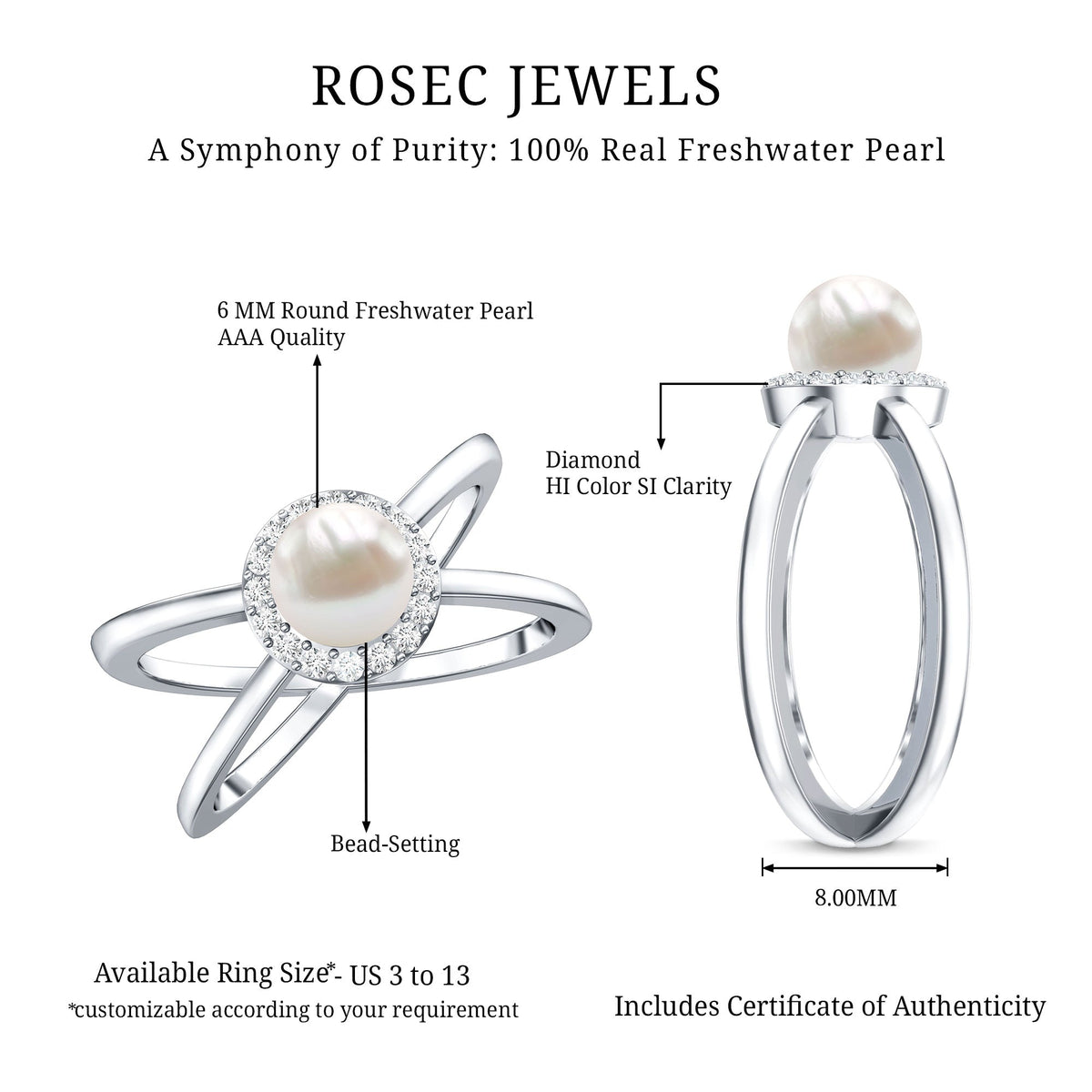 Anillo de compromiso con halo de diamantes y perla cultivada de agua dulce de 2 quilates auténticos con vástago entrecruzado