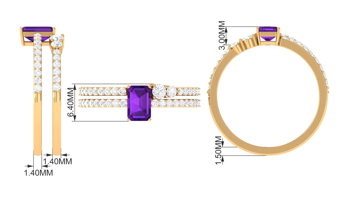 Conjunto de anillo de boda para novia de amatista de talla esmeralda de 1.4 quilates natural con diamante