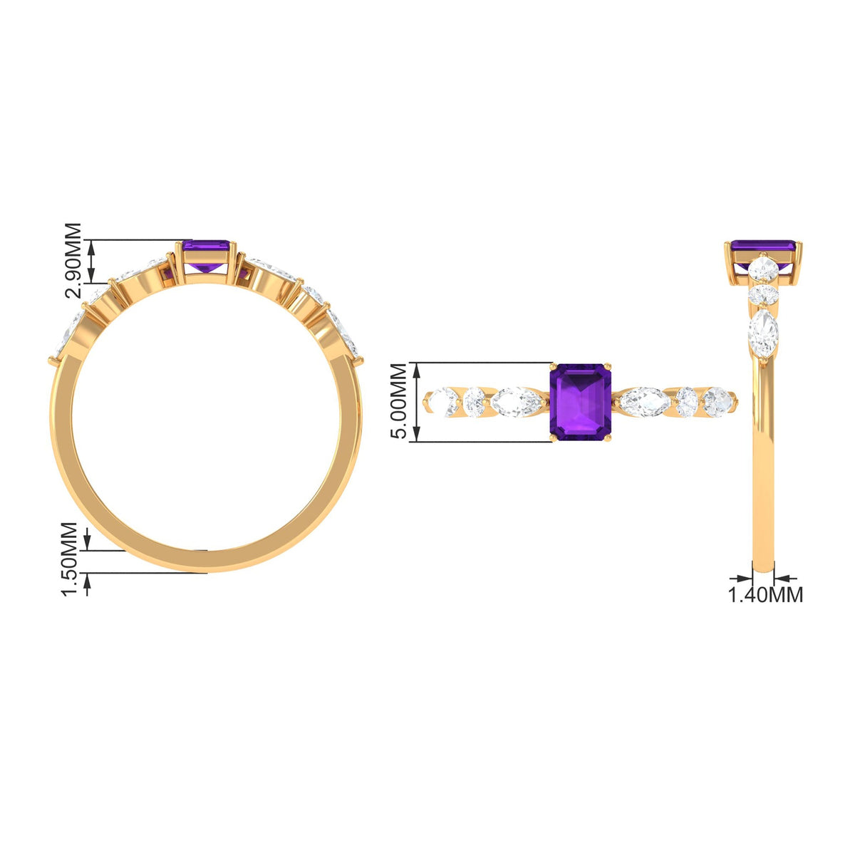 Genuine 1.4 Carat Amethyst Emerald Cut Engagement Ring with Diamond