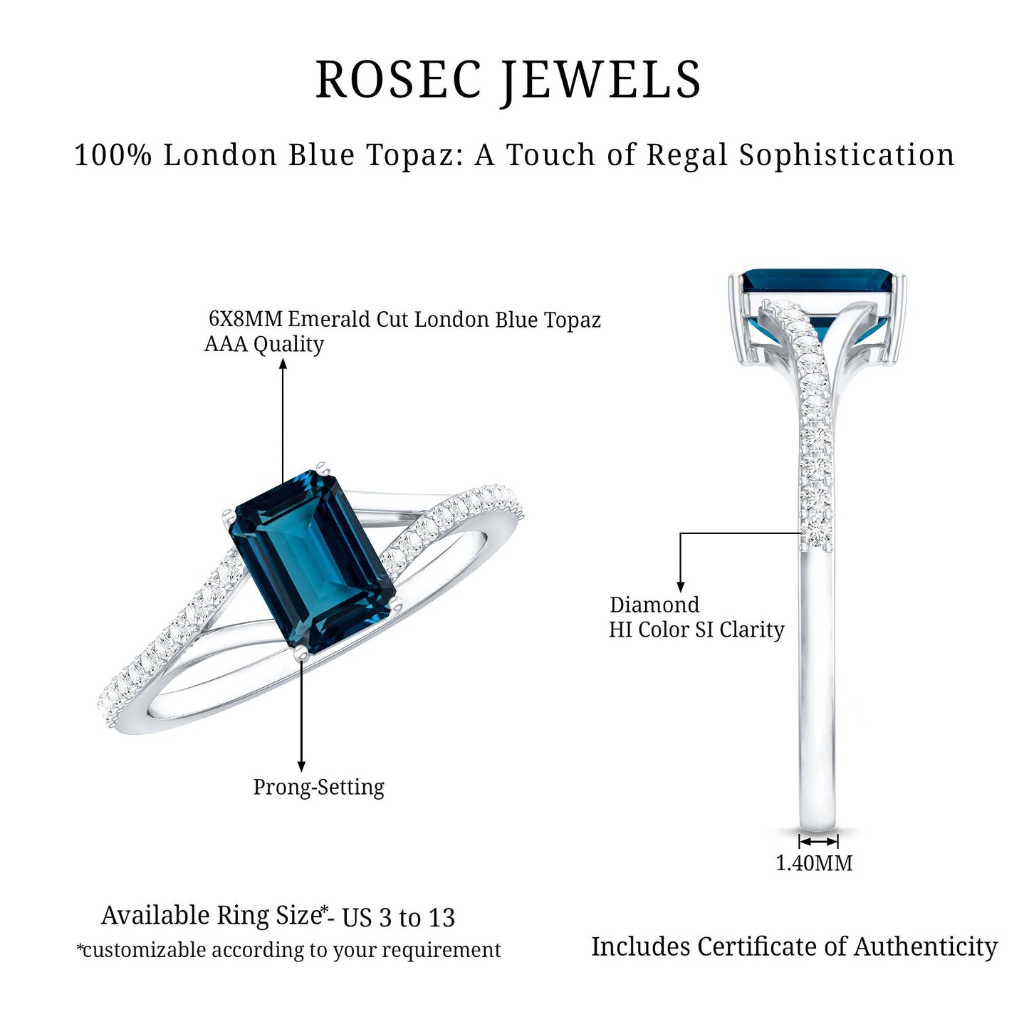 Anillo de compromiso con topacio azul de Londres de corte esmeralda de 2.2 quilates y diamante con vástago dividido