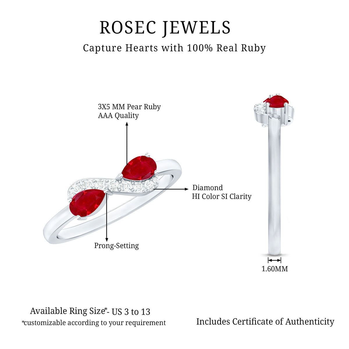 Natural Pear Shape Ruby Toi Et Moi Promise Ring with Diamond