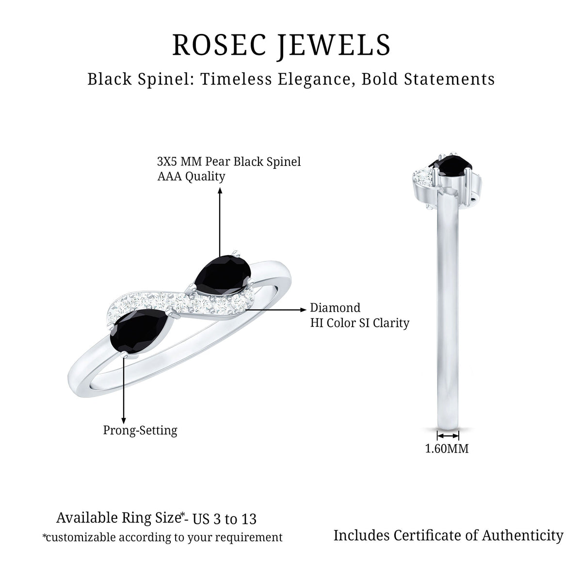Natural Black Spinel Diamond 2 Stone Promise Ring in East West Style