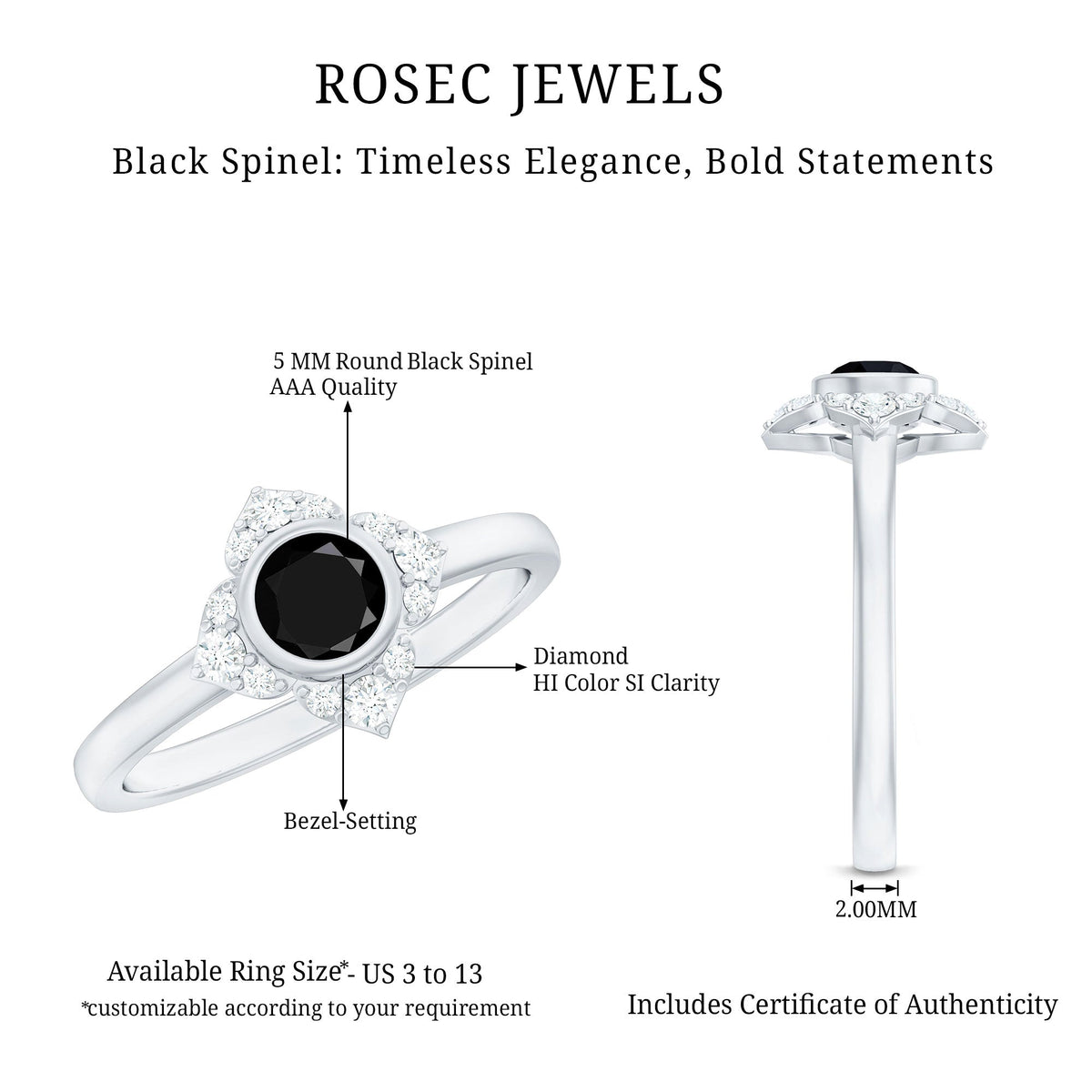 Anillo de compromiso de flor con espinela negra engastada en bisel con diamantes