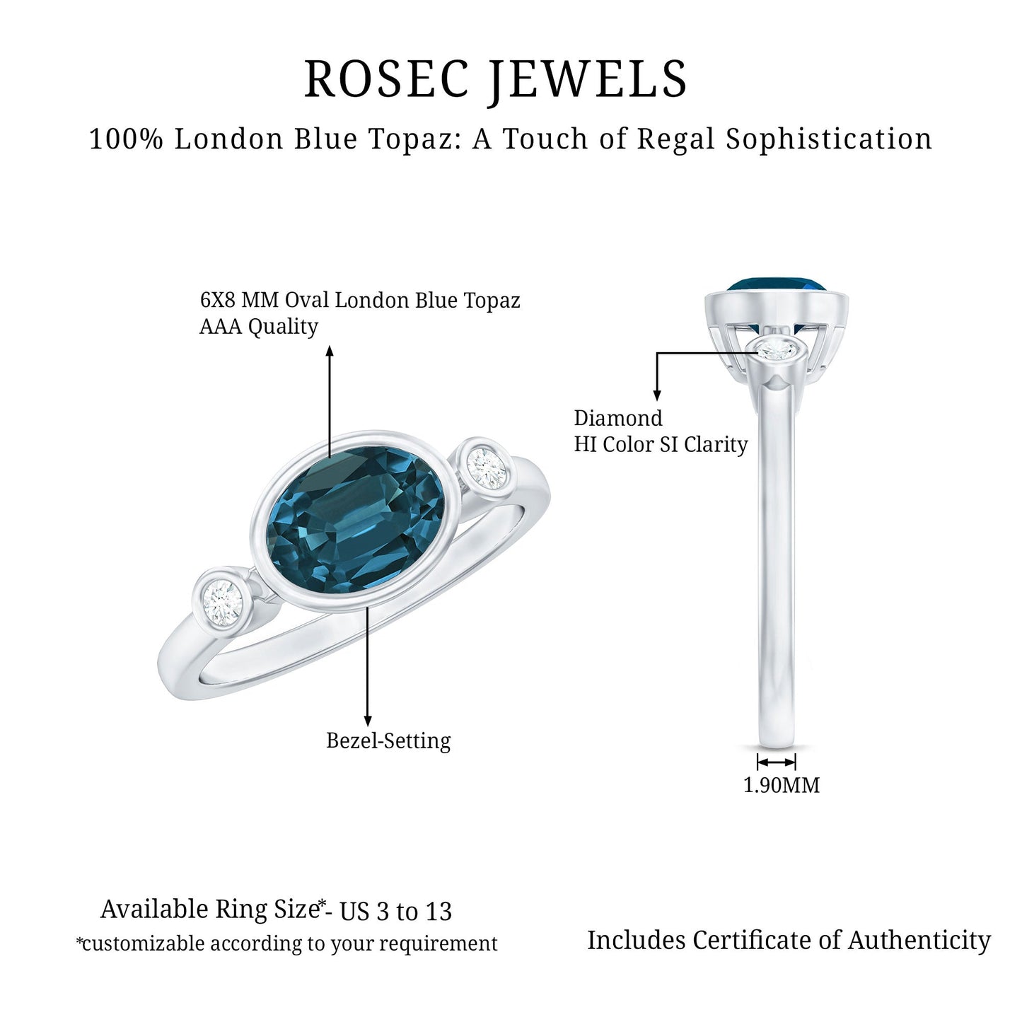 Anillo de compromiso de topacio azul de Londres ovalado engastado en bisel con diamantes