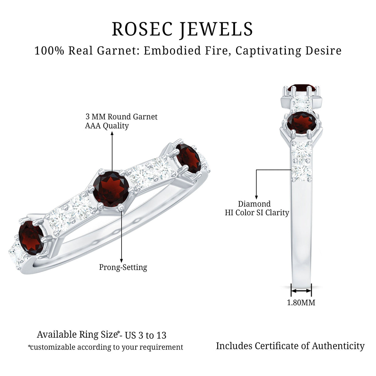 Real Red Garnet Diamond Half Eternity Ring for Anniversary