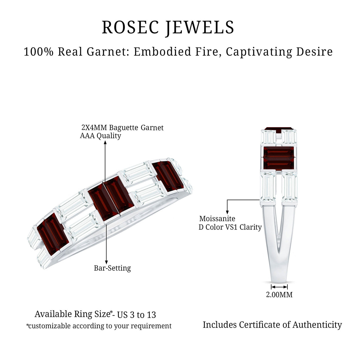 Certified Real Baguette Garnet Half Eternity Wedding Band