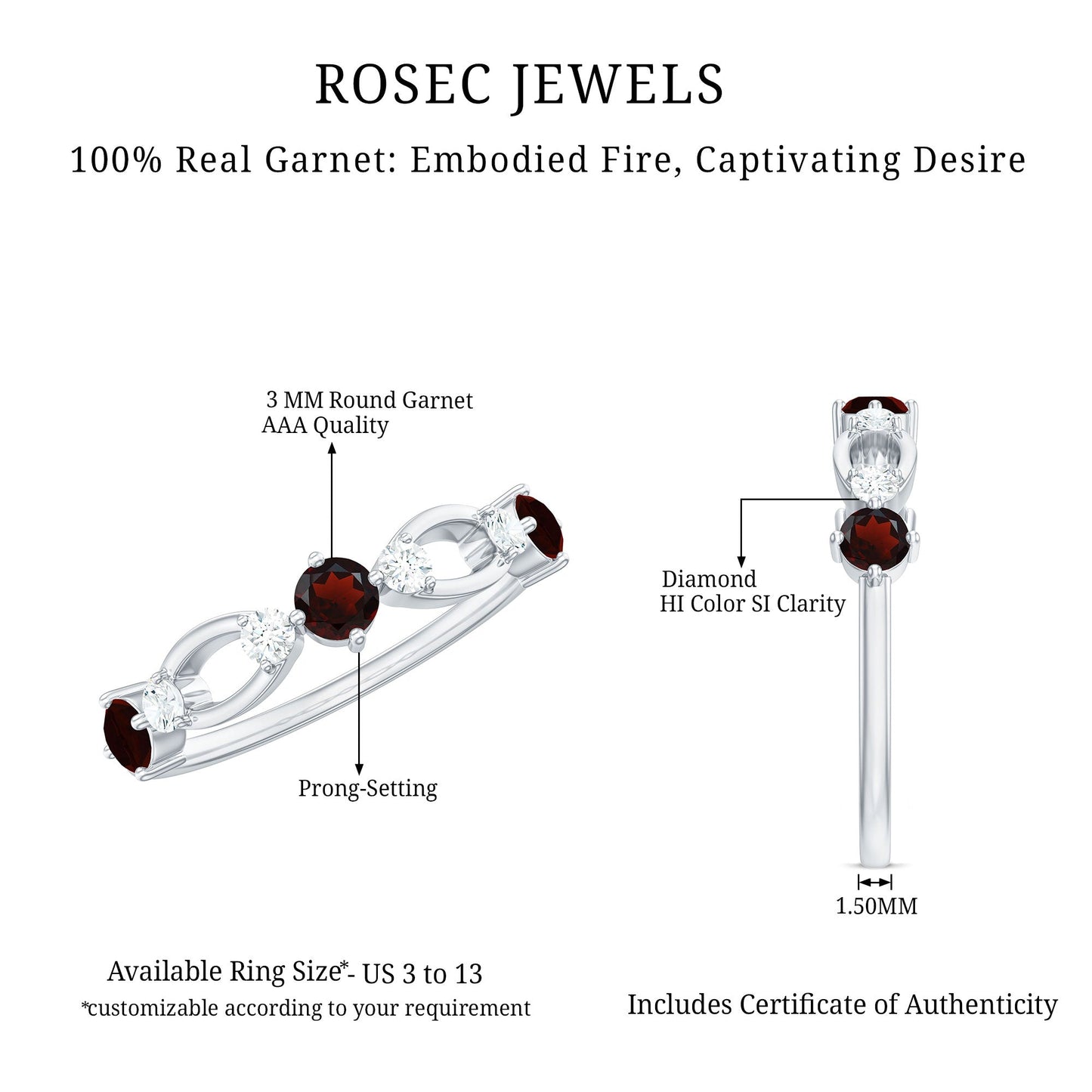 Anillo de media eternidad de granate rojo natural y diamantes para aniversario
