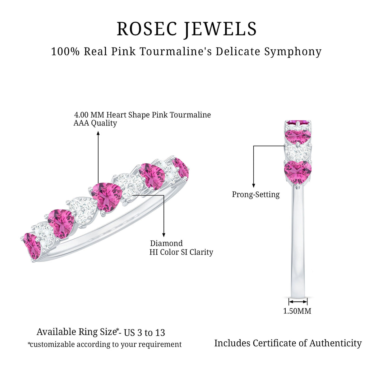 Anillo de media eternidad con forma de corazón con turmalina rosa y diamante