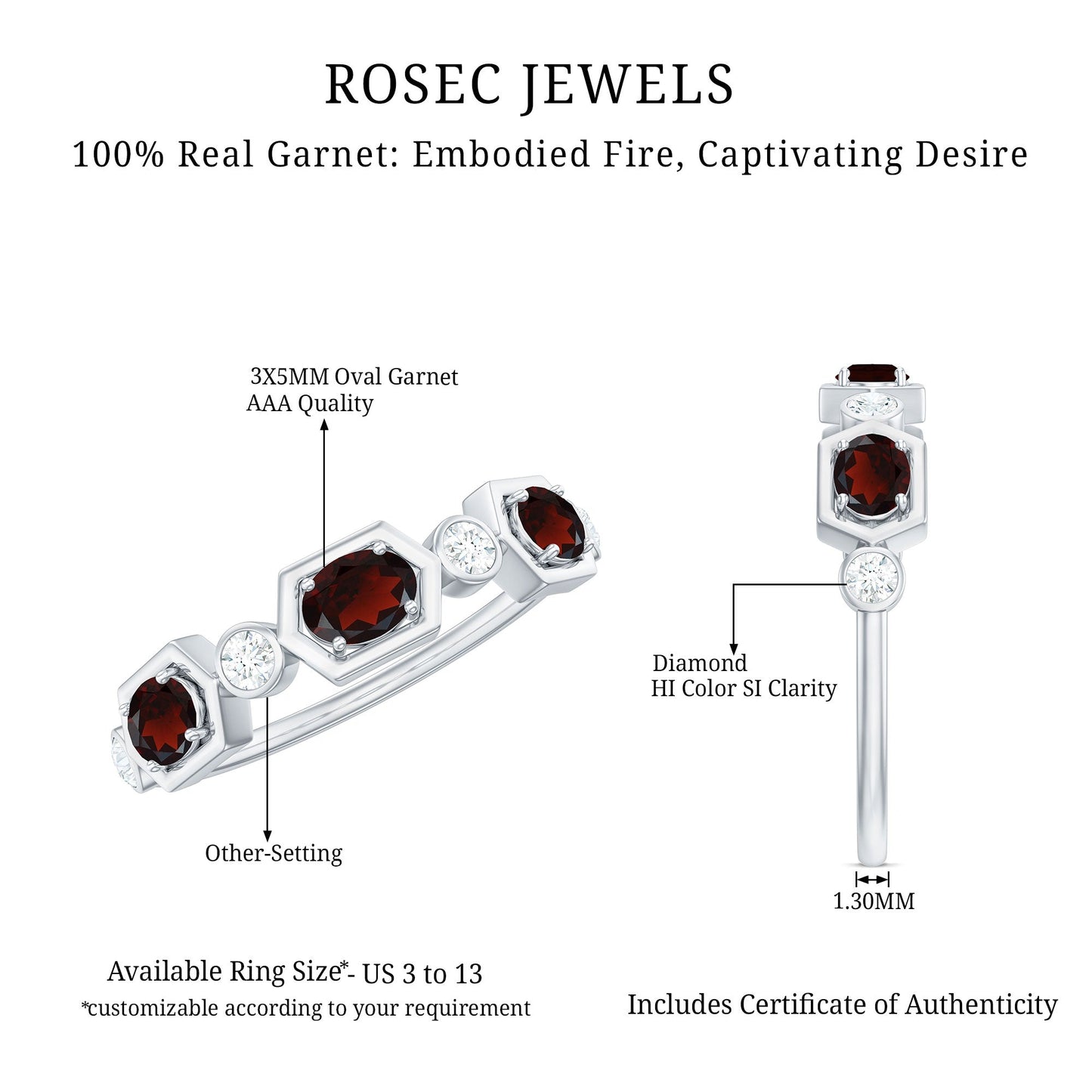 Anillo de boda de granate natural y diamantes con certificado