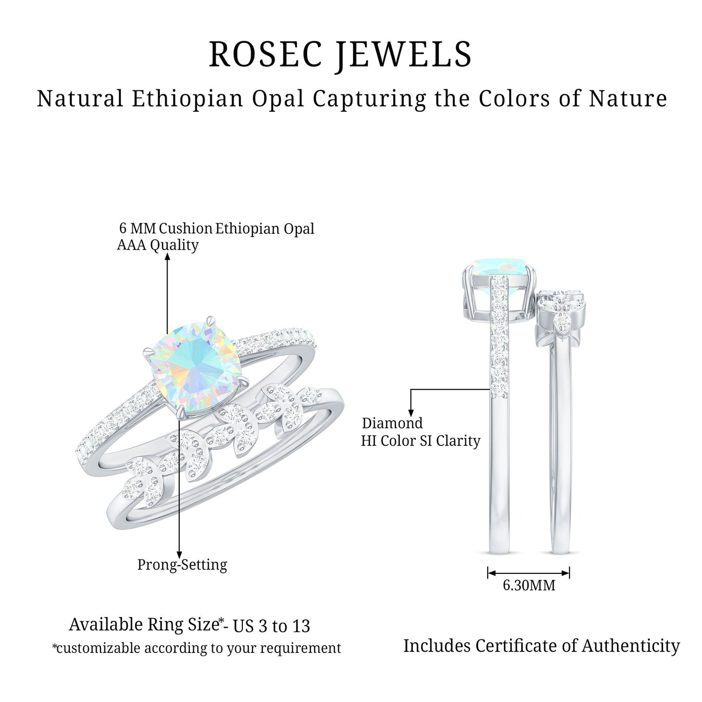Anillo solitario de ópalo etíope talla cojín de 0.8 quilates con banda apilable de diamantes