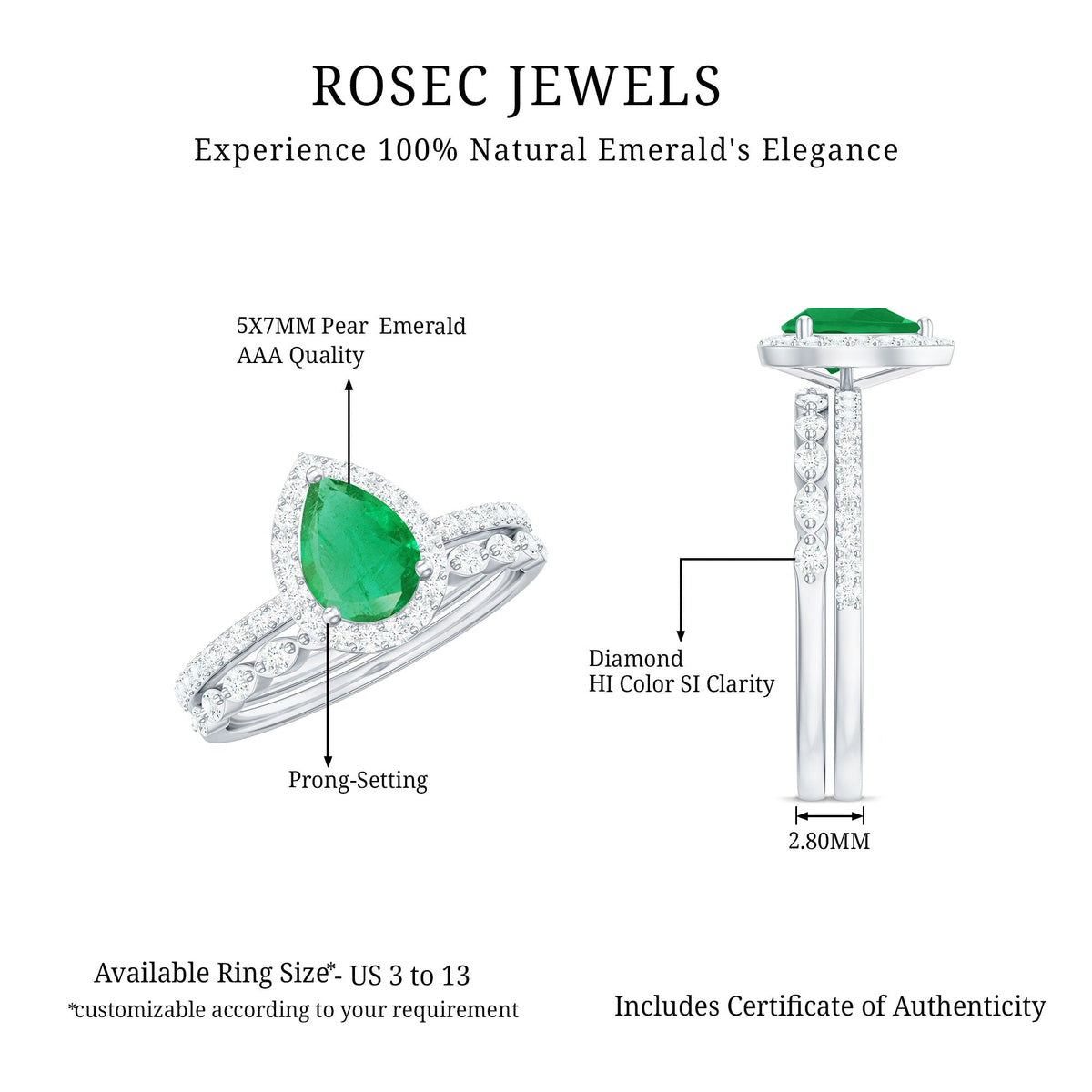 Natural Emerald Diamond Teardrop Engagement Ring and Wedding Band Set