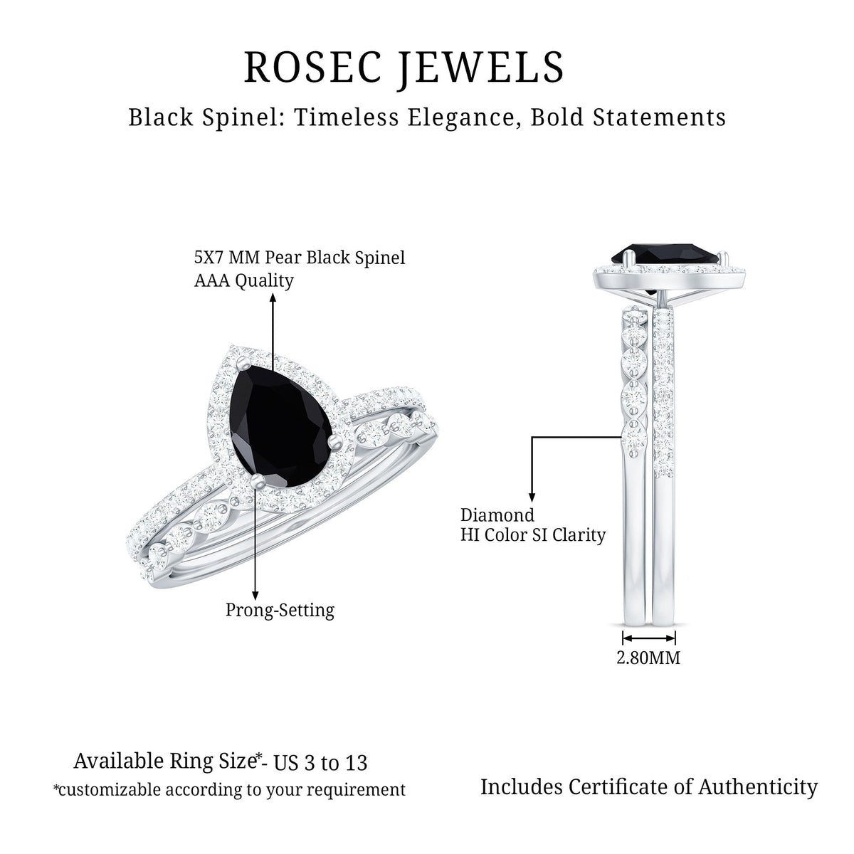 Natural 0.6 Carat Pear Shape Black Spinel Diamond Wedding Engagement Ring Set of 2